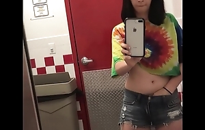 Playing with my tits nigh a Five Guys bathroom