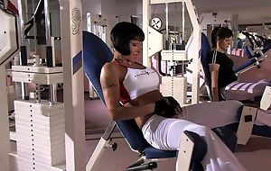 Short-haired MILF with big boobs gets DPed in someone's skin gym